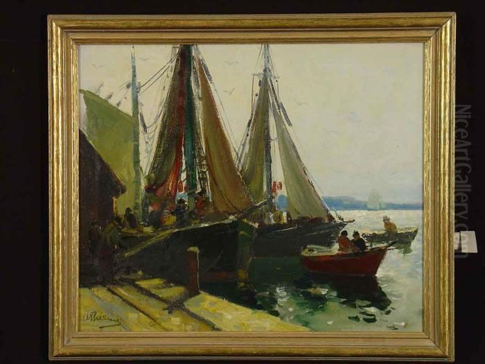 Segelboote Im Hafen (drying Sails) Oil Painting by Anthony Thieme
