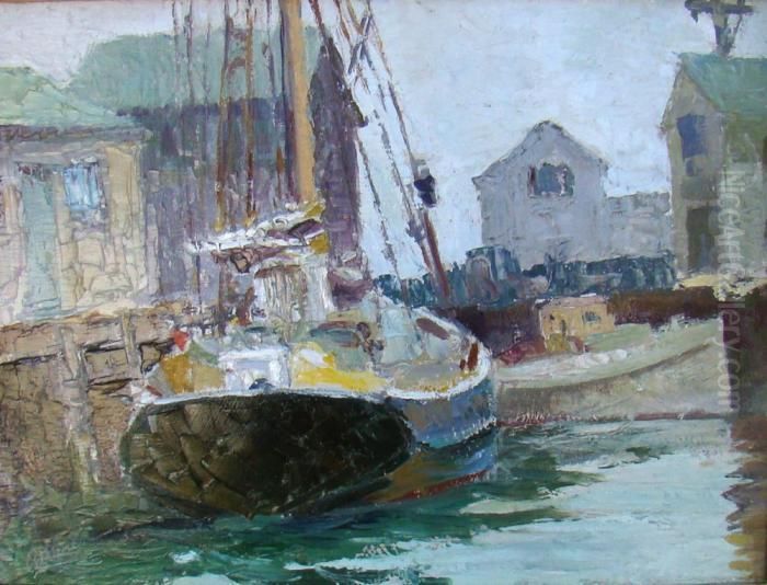 North Shore Harbor Scene. Signed Lower Left A. Thieme. Oil Painting by Anthony Thieme