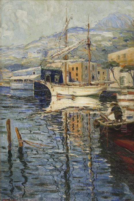 Two-masted Schooner At A Mediterranean Dock. Oil Painting by Anthony Thieme
