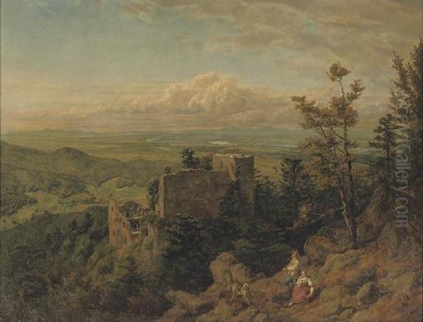 Die Burgruine Hohenbaden: Looking Out Over The Rhein Valley, Baden Baden Oil Painting by Hans Thoma