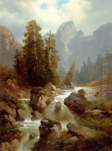 Mountain Landscape With River. Oil Painting by Josef Thoma