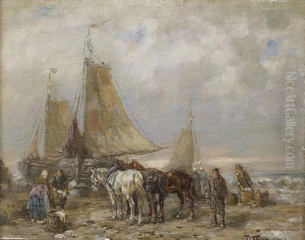 Kustenpartie Mit Pferden, Booten Und Fischern Oil Painting by Desire Tomassin