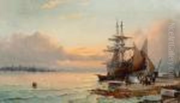 Figures And Beached Fishing Vessels Atsunset Oil Painting by William A. Thornley or Thornbery