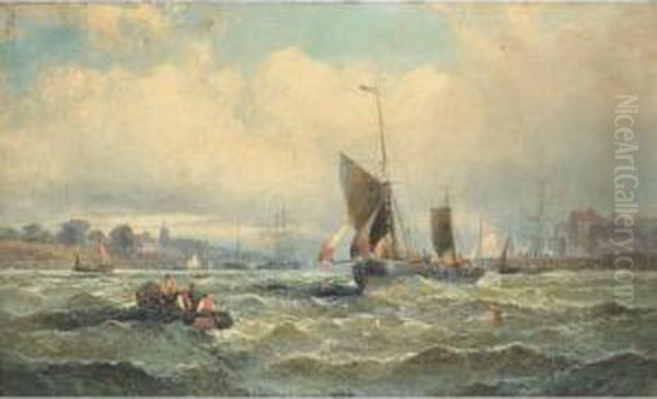 Fishing Schooner Off The French Coast; A Fresh Breeze Mouth Of Theorwell Oil Painting by William A. Thornley or Thornbery