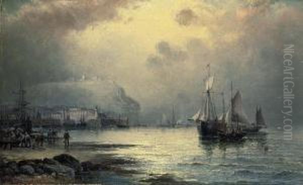 Fishing Vessels Off Scarborough At Dusk Oil Painting by William A. Thornley Or Thornber