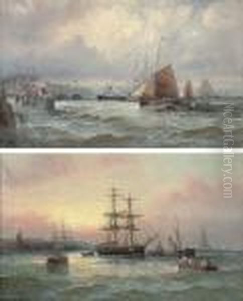Crowded Waters Off A Channel Port; And Shipping At Dusk Oil Painting by William A. Thornley or Thornbery