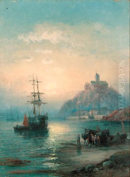 Fishing Boats Off Boulogne; And Mont St. Michel At Dusk Oil Painting by William A. Thornley Or Thornber