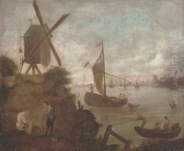 A river landscape with figures and boats by a windmill by Jacobus Storck