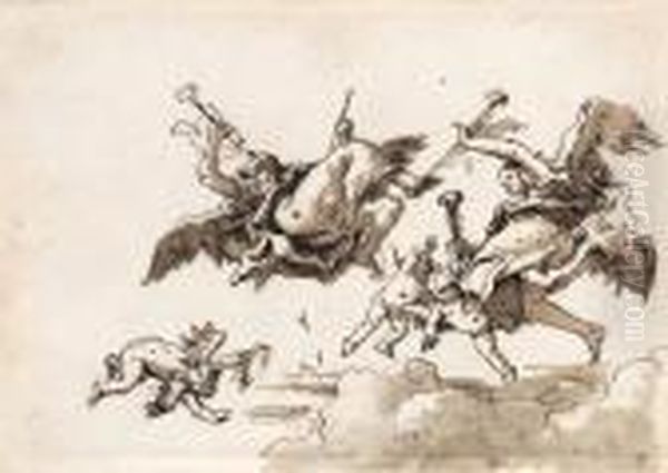 Angels In Flight Blowing Trumpets
Signed 'dom. Tiepolo' Oil Painting by Giovanni Domenico Tiepolo