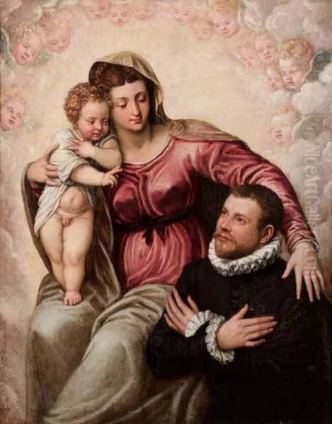 Madonna Con Bambino Benedicente E Donatore Oil Painting by Jacopo Tintoretto (Robusti)