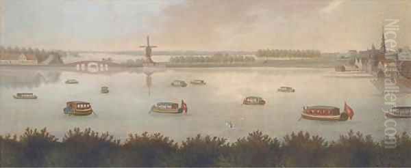 Barges on a lagoon by a Dutch settlement Oil Painting by Samuel Scott
