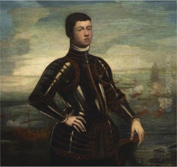 A Portrait Of A Young Admiral, 
Standing Three-quarter Length, Wearing Armour, Before A Naval Battle Oil Painting by Jacopo Tintoretto (Robusti)