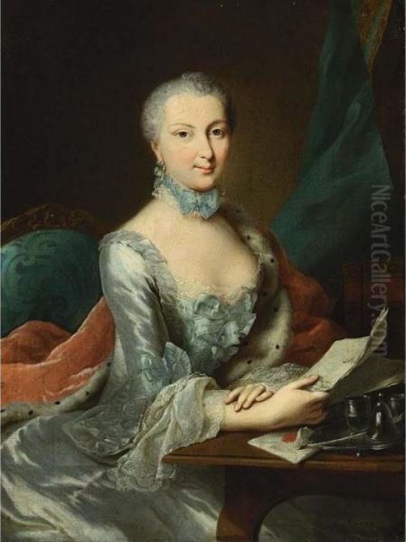 A Portrait Of A Lady, Seated 
Three-quarter Length At A Desk, Wearing A Blue Dress With An 
Ermine-lined Fur Mantle And Holding A Letter In Her Hand Oil Painting by Johann Heinrich The Elder Tischbein