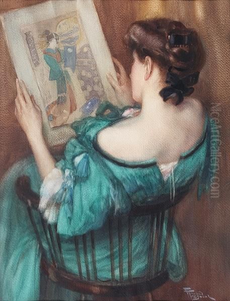 Woman Studying A Japanese Print Oil Painting by Fernand Toussaint