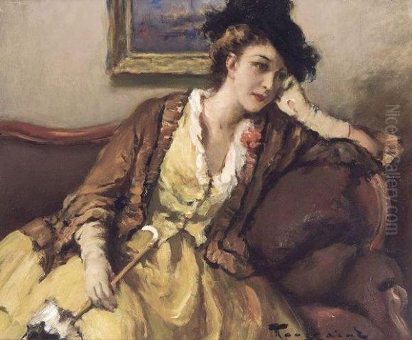 Jeune Femme Pensive A L'ombrelle Oil Painting by Fernand Toussaint