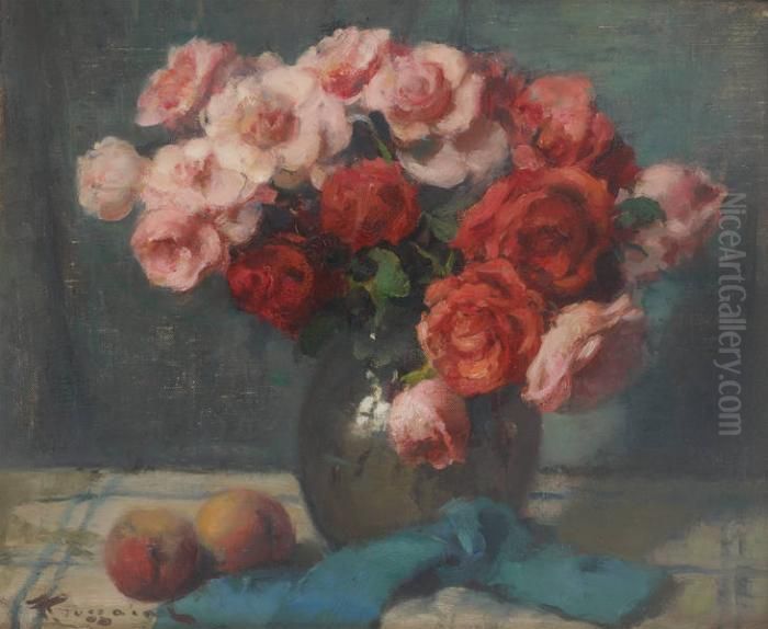 Vase Fleuri De Roses Oil Painting by Fernand Toussaint