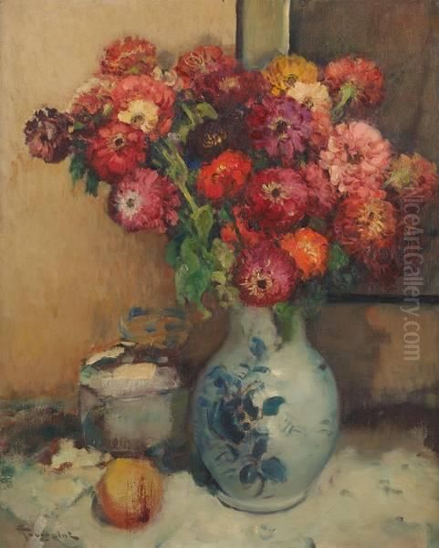 Vase Chinois Fleuri Avec Oranges En Avant-plan Oil Painting by Fernand Toussaint
