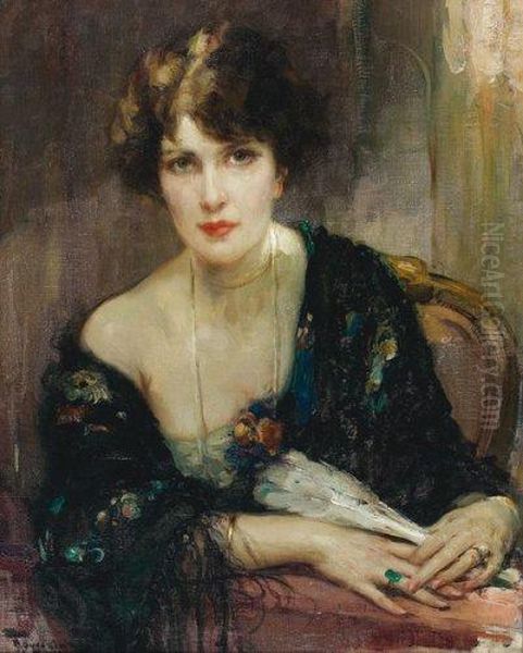 Jeune Elegante A L'eventail Oil Painting by Fernand Toussaint