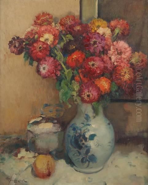 Vase Chinois Fleuri Avec Orangeen Avant-plan Oil Painting by Fernand Toussaint