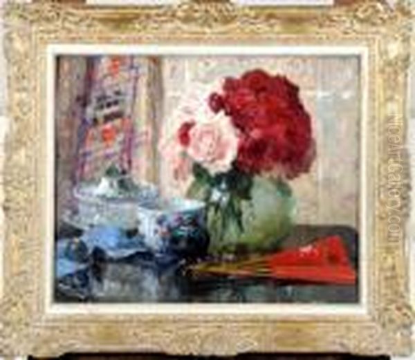 Vase Garni De Roses Oil Painting by Fernand Toussaint