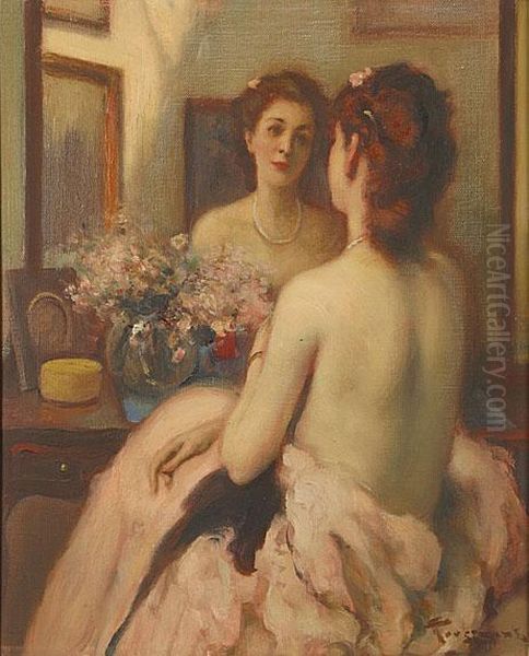 Vrouw Voor De Spiegel. Oil Painting by Fernand Toussaint