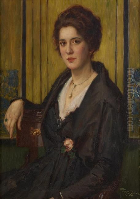 Portrait De Jeune Femme A La Rose Oil Painting by Fernand Toussaint