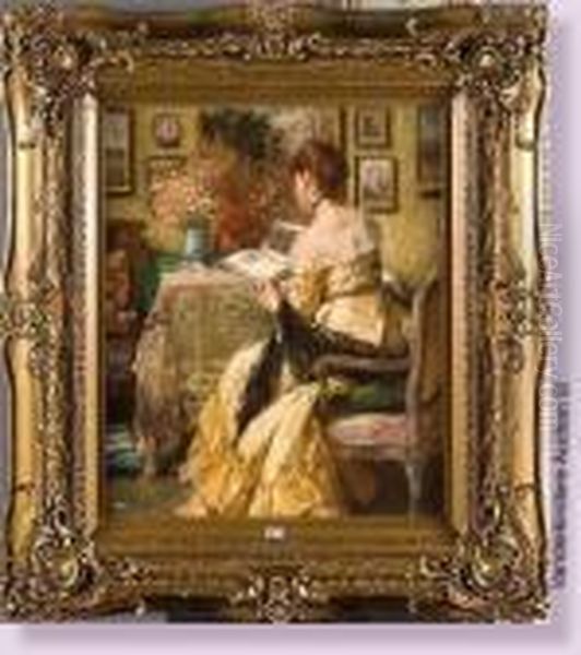 Elegante A La Lecture Dans Un Interieur Oil Painting by Fernand Toussaint