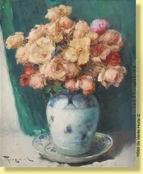 Vase Fleuri De Roses Oil Painting by Fernand Toussaint