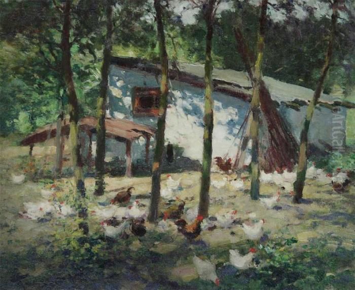 Chickens Near The Farmhouse Oil Painting by Fernand Toussaint