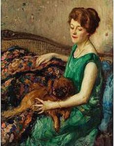 Dame Im Smaragdgrunen Kleid Mit Pekinesen Auf Einem Rokoko-sofa Dame Im Smaragdgrunen Kleid Mit Pekinesen Auf Einem Rokoko-sofa