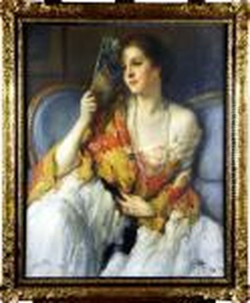 Portrait De Femme A L'eventail Oil Painting by Fernand Toussaint