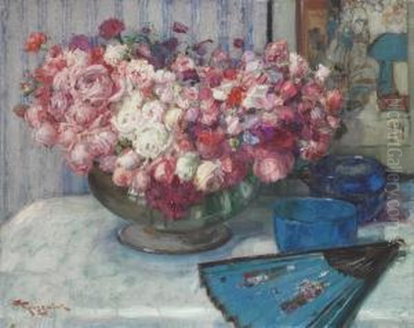 Floral Still Life With A Japanese Fan Oil Painting by Fernand Toussaint