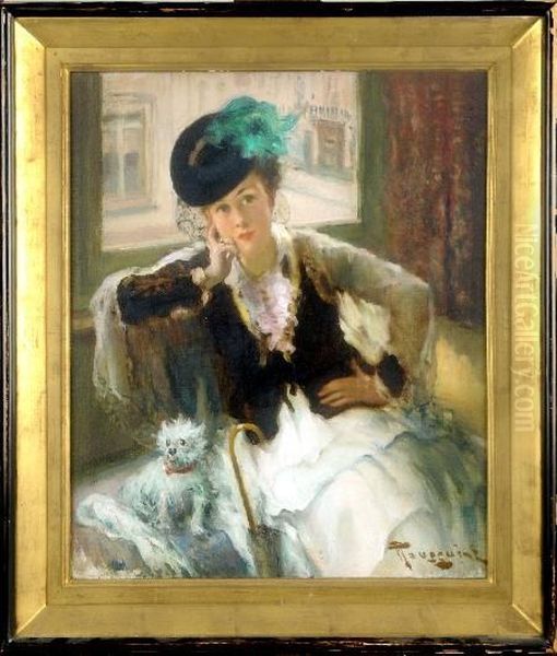 Elegante Et Son Chien Oil Painting by Fernand Toussaint