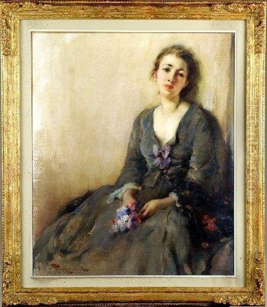 Portrait De Femme Au Bouquet Oil Painting by Fernand Toussaint