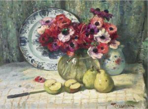 Vase Of Anemones And Fruit