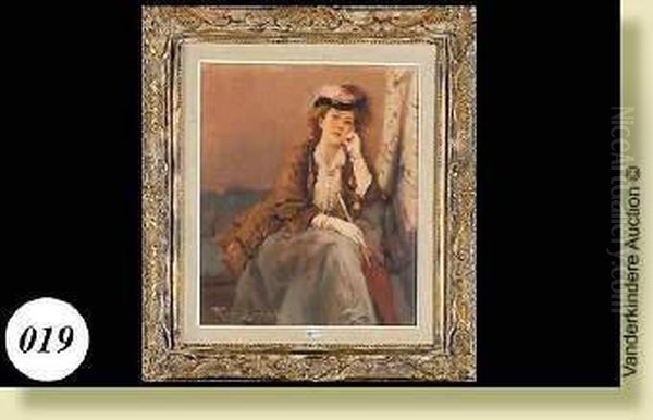 Elegante A L'ombrelle Et Au Chapeaua Plumes Oil Painting by Fernand Toussaint