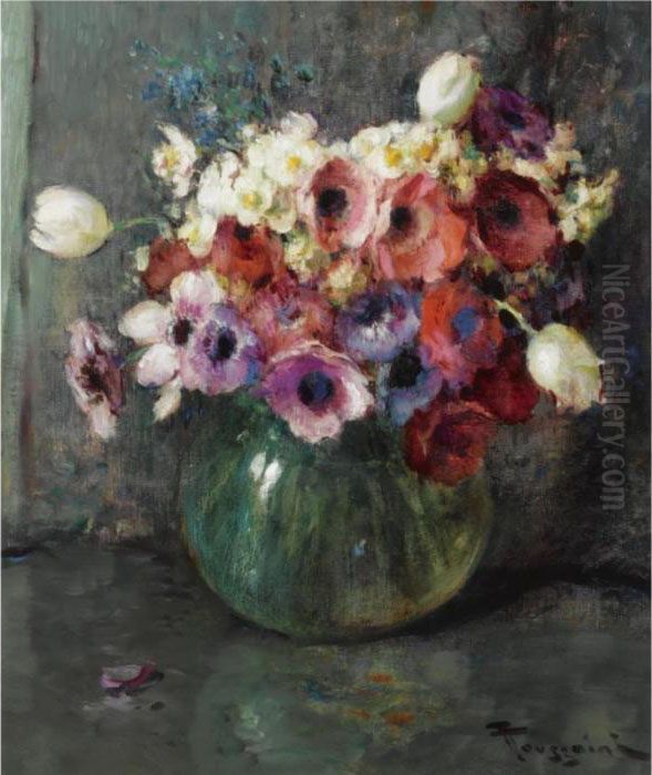 A Still Life With Anemones In A Vase Oil Painting by Fernand Toussaint