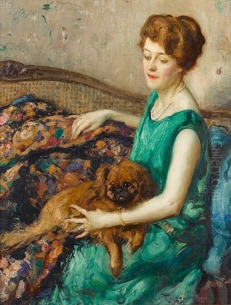 Portrait Of A Lady With A Dog Oil Painting by Fernand Toussaint