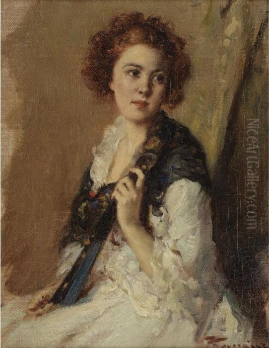 Portrait Of A Girl With Fan Oil Painting by Fernand Toussaint