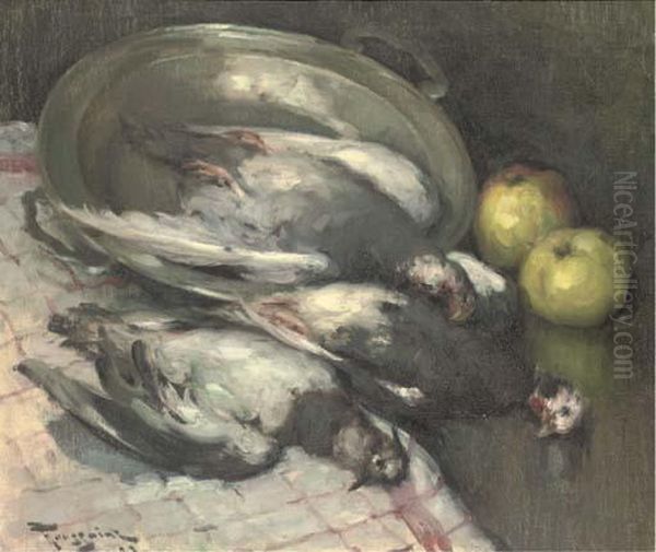 Pigeons And A Silver Platter, With Apples To The Side Oil Painting by Fernand Toussaint