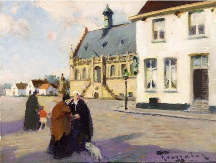 Figures On A Town Square Oil Painting by Fernand Toussaint