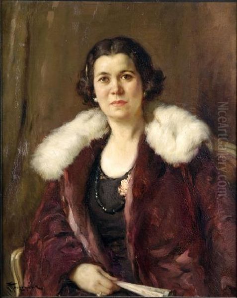 [portrait De Femme A L'eventail] Oil Painting by Fernand Toussaint