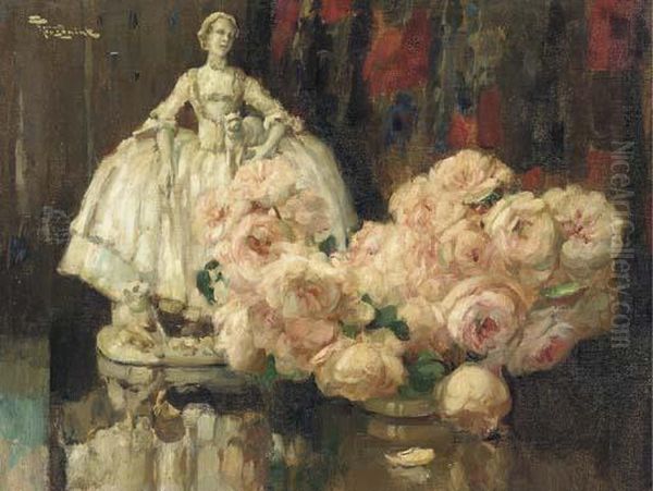 Still Life With A Bouquet Of Roses And A Porcelain Figurine Oil Painting by Fernand Toussaint