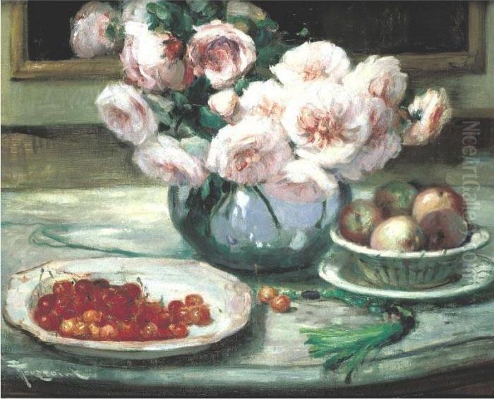 Vase With Peonies And A Plate Of Cherries Oil Painting by Fernand Toussaint