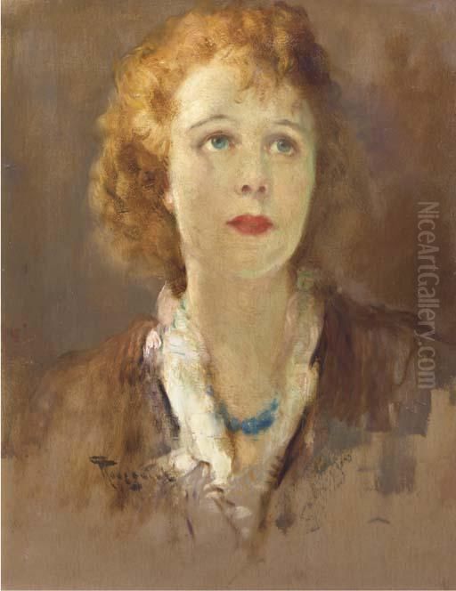 Girl With A Blue Necklace Oil Painting by Fernand Toussaint