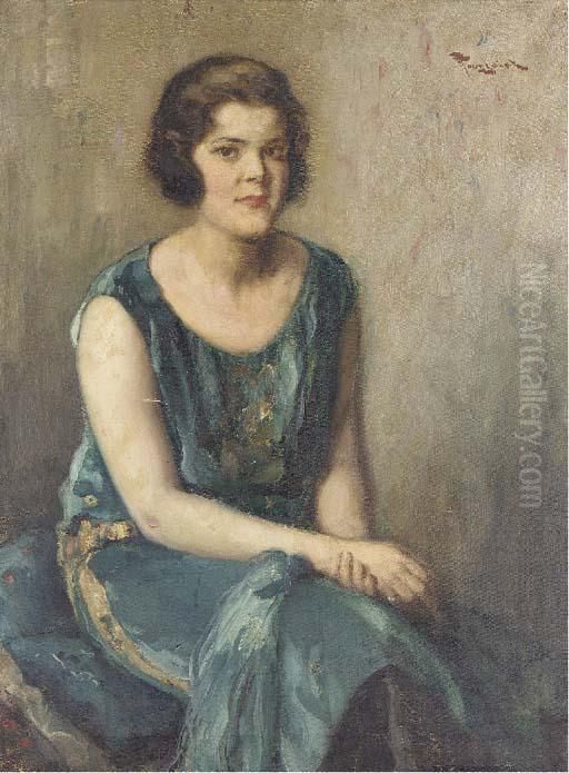 An Elegant Lady In A Blue Dress Oil Painting by Fernand Toussaint