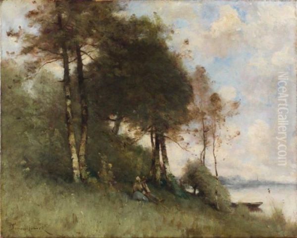 Mantes, Repos En Bord De Seine Oil Painting by Paul Trouillebert