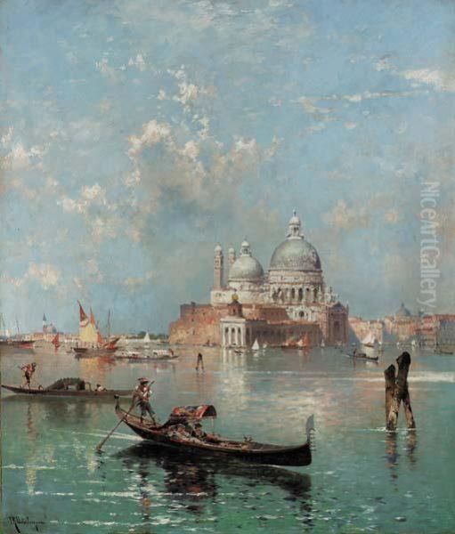 Gondolas In Front Of S. Maria Della Salute, Venice Oil Painting by Franz Richard Unterberger