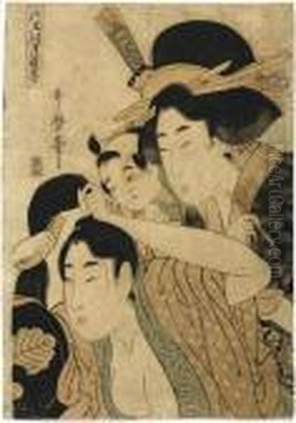 A Lady Combing Her Hair Oil Painting by Kitagawa Utamaro