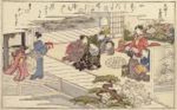 The Complete Set Of 8 
Double-page Illustrations From The 1789 Albumshiohi No Tsuto (gifts From
 The Ebb Tide) Each With Kyoka Poems,first Printing, Comprising Number 
One Shellgathering At Low Tide[shiohi Gari], Number Two Sudare-gai, 
Number Three B Oil Painting by Kitagawa Utamaro